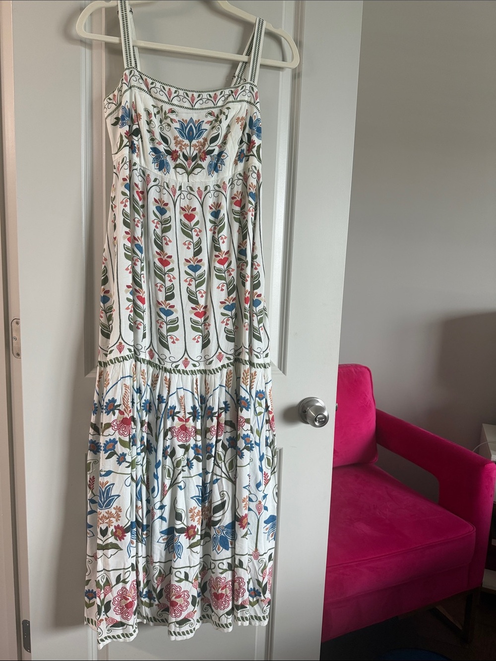 NWT FARM Rio White Maxi Dress with Blue, Pink & Green Floral Pattern
